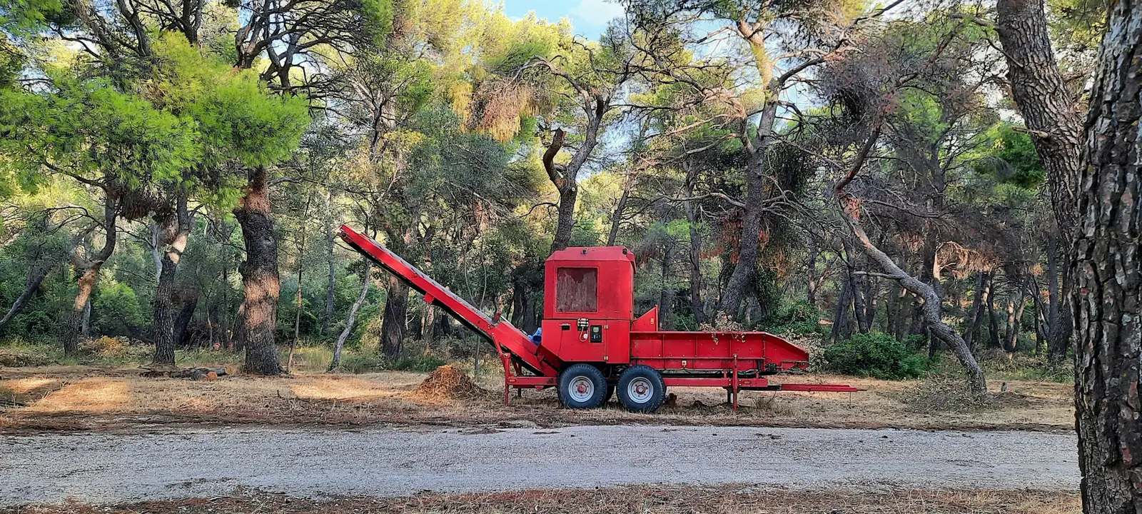 Astilladora remolcable roja en un claro del bosque, junto a restos de poda
